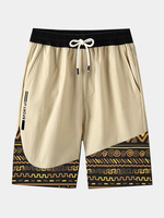 Mens Ethnic Geometric Print Stitching Drawstring Waist Shorts