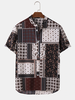 Mens Ethnic Paisley Floral Print Half Button Short Sleeve Henley Shirts