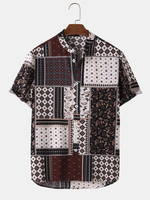 Mens Ethnic Paisley Floral Print Half Button Short Sleeve Henley Shirts