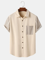 Mens Ethnic Pattern Chest Pocket Corduroy Short Sleeve Shirts
