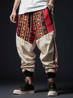 Mens Ethnic Print Patchwork Loose Drawstring Waist Pants