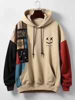 Mens Ethnic Smile Print Color Block Patchwork Kangaroo Pocket Hoodies