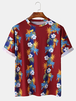 Mens Fashion Floral Printing Crew Neck Breathable Short Sleeve Casual T-Shirts