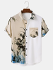 Mens Ink Bamboo Print Patchwork Button Up Short Sleeve Shirts