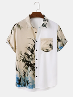Mens Ink Bamboo Print Patchwork Button Up Short Sleeve Shirts