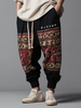 Mens Japanese Vintage Geometric Pattern Patchwork Loose Drawstring Waist Pants