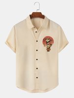 Mens Japanese Warrior Cat Graphic Lapel Short Sleeve Shirts