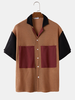 Mens Large Pocket Patchwork Revere Collar Knit Short Sleeve Shirts