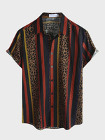 Mens Leopard & Striped Patchwork Lapel Vacation Short Sleeve Shirts