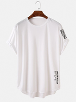 Mens Letter Japanese Print High Low Curved Hem Short Sleeve T-Shirts