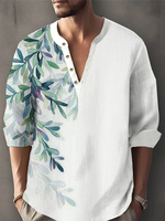 Mens Plant Leaf Print Texture Long Sleeve Henley Shirts