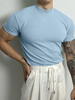 Mens Rib Knit Half-Collar Solid T-Shirt