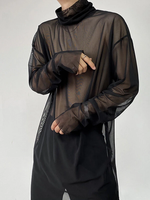 Mens Sheer Mesh See Through High Neck Long Sleeve T-Shirt