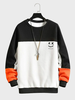 Mens Smile Face Print Color Block Patchwork Pullover Sweatshirts