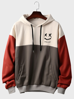 Mens Smile Face Print Patchwork Slant Pocket Drawstring Hoodies