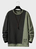 Mens Smile Print Two Tone Patchwork Pullover Sweatshirts