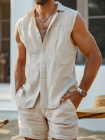 Mens Solid Color Sleeveless Lapel Shirts with Pocket