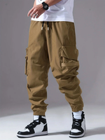 Mens Solid Side Pocket Casual Drawstring Waist Cargo Pants