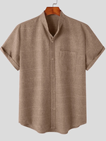 Mens Solid Stand Collar Chest Pocket Short Sleeve Shirt