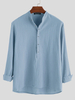 Mens Solid Stand Collar Cotton Long Sleeve Henley Shirt