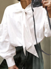 Mens Solid Tie Neck Puff Sleeve Loose Shirt