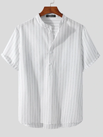 Mens Stripe Stand Collar Short Sleeve Henley Shirt