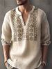 Mens Vintage Plant Print Half Button Long Sleeve Henley Shirts