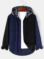 Mensclo Mens Patchwork Button Up Corduroy Preppy Plaid Hooded Shirts