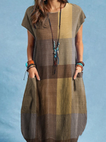 Plaid Pocket Short Sleeve Casual Dress