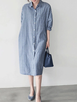 Stripe Button Lapel Casual Cotton Shirt Dress