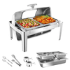 Warmounts 9QT Rectangular Roll Top Chafing Dish Buffet Set,  Stainless Steel Catering Server Food Warmer with Glass Lid &