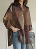 Women Loose Casual Lapel Collar Long Sleeve Plaid Button Irregular Hem Shirts