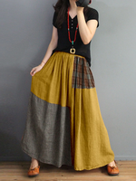 Women Plaid Patchwork Elastic Waist Swing Skirt With Pocket