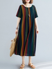 Women Vintage Striped Artsy O-Neck Short Sleeve Green Mid-Calf Length Dress