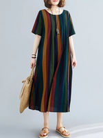 Women Vintage Striped Artsy O-Neck Short Sleeve Green Mid-Calf Length Dress