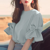 ZANZEA Elegant Style Womens Shirts Blouses Ladylike Crew Neck Ruffled Sleeves Tops Side Bowknot Solid Blouses