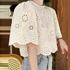 ZANZEA Elegant Style Womens Vintage Casual Cotton Crop Shirts Top Vacation Crew Neck Hollow Embroidery Blouses