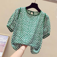 ZANZEA Females Polka Dot Top with Back Tie Lantern Sleeve and Open-Front Design,  Womens Crew Neck Blouses Short Sleeve S