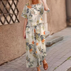 ZANZEA Plus Size Women Casual Floral Print Cotton Pantsuits,  Vintage Printed Short Sleeve T-shirt & Wide Leg Pants Outfi