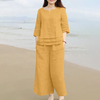 ZANZEA Plus Size Women Casual Solid Two-Piece Set,  Notched Neck 3/4 Sleeve Layered Hem Top & Wide Leg Pants,  Women