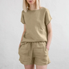 ZANZEA Plus Size Women Cotton Linen Two Set Solid Elastic Waist Pocket Short Sleeve Blouses and Short Casual Summer Two-
