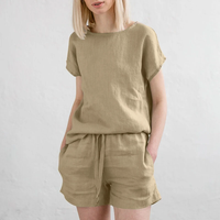 ZANZEA Plus Size Women Cotton Linen Two Set Solid Elastic Waist Pocket Short Sleeve Blouses and Short Casual Summer Two-