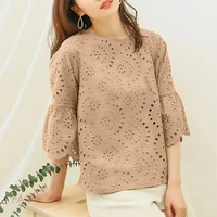 ZANZEA Plus Size Women Floral Lace Splicing Crew Neck Blouse,  Elegant 3/4 Loose Petal Sleeve Blouse For Spring & Summer, 
