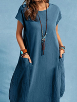 ZANZEA Plus Size Women Mid Long Dress Solid Pocket Short Sleeve Round Neck Cotton Casual Beach Midi Dress