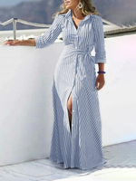 ZANZEA Women 100% Cotton Classical Striped Print Lapel Button Front Lace-Up Casual Shirt Dress