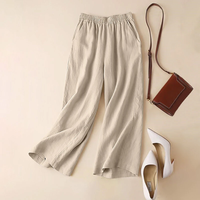 ZANZEA Women Cotton Elastic Waist Solid Color Long Pants Casual Loose Straight Trousers