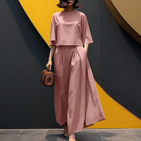 ZANZEA Women Two-piece Outfits 3/4 Sleeve O-Neck Top Elastic Waist Pleated Wide Leg Pants Sets