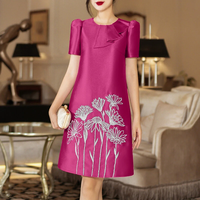 ZANZEA Womens Elegant Floral Embroidery Satin Dress Party Puff Sleeve Ruffles Knee Length Dresses