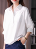 ZANZEA Womens Lapel Blouses 3/4 Length Sleeve Solid Color Shirts with Chest Pocket