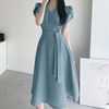 ZANZEA Womens Puff Sleeve V Neck Belted A Line Midi Dress Party Gown Long Dresses
